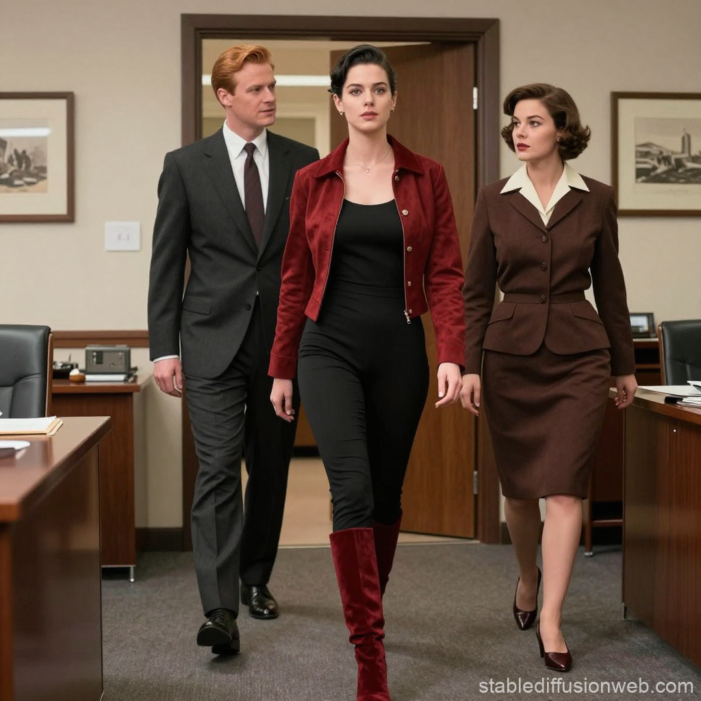 1950s Office Scene with Stylish Professionals Walking