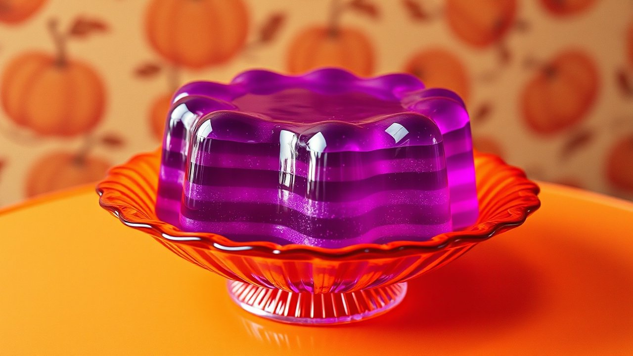 1950s Style Purple Layered Jello on Orange Glass Plate