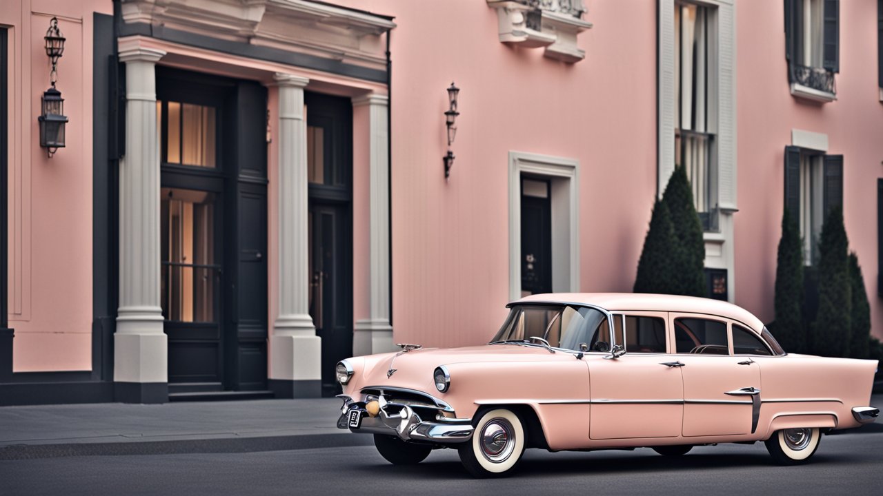 1955 Vintage Pink Classic Car Parked by Elegant Building