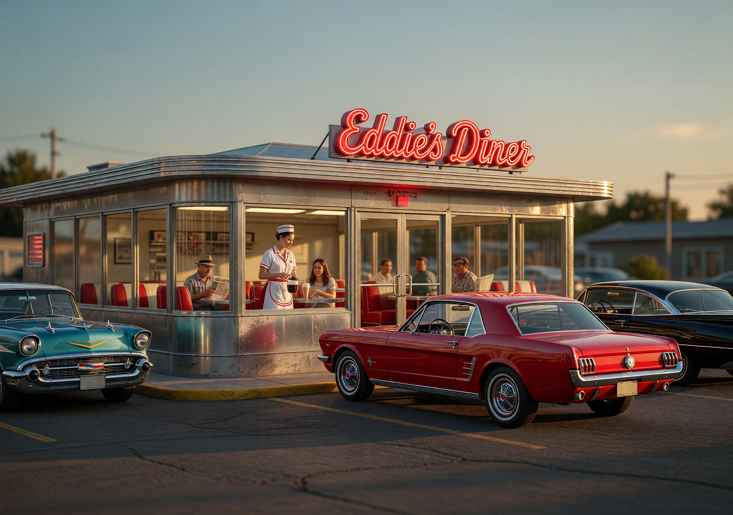 1960s Diner at Golden Hour with Classic Cars