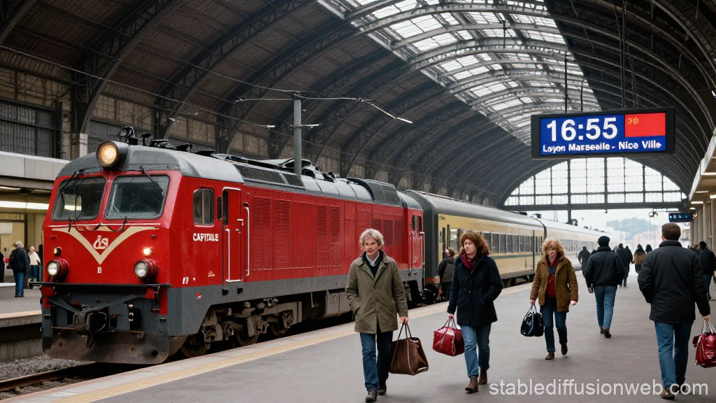 1970s French Train Station with Red Locomotive