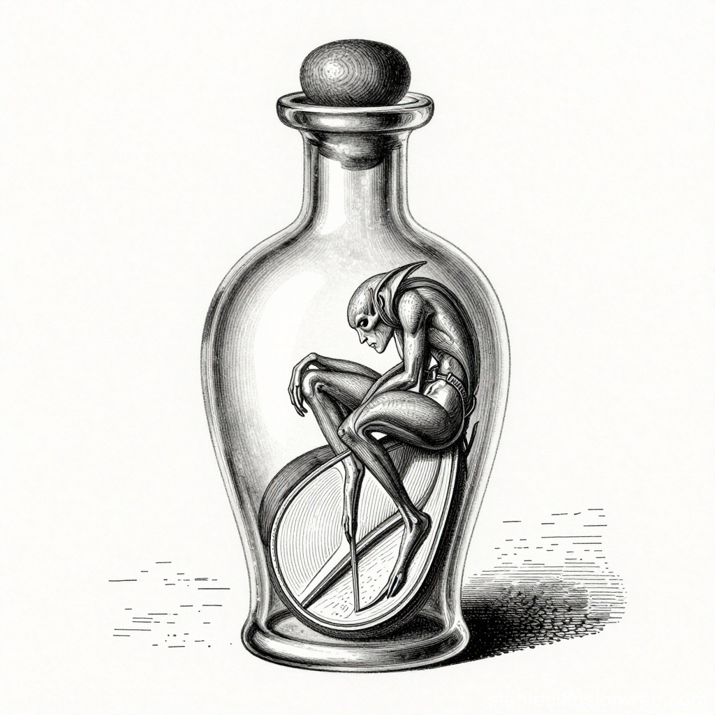 19th Century Scientific Illustration of a Jinni in a Bottle