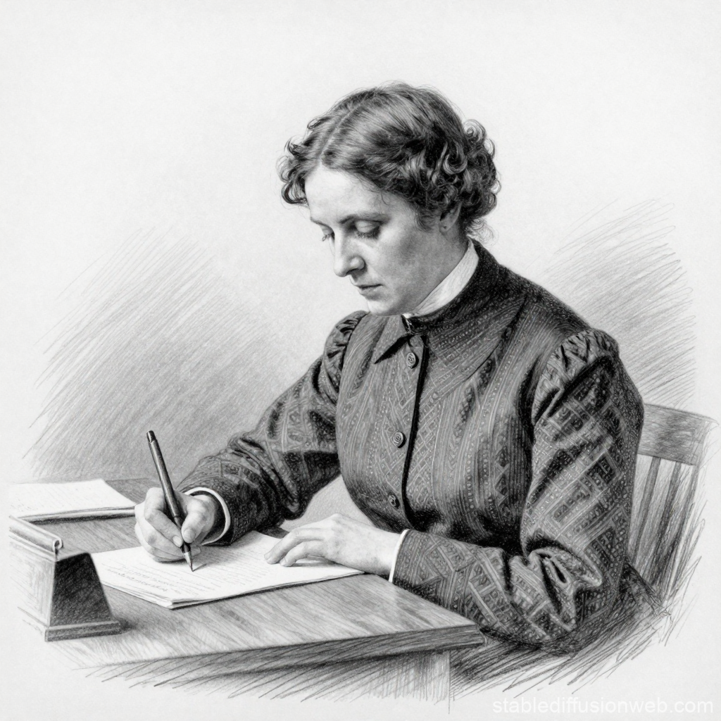 19th Century Woman Writing at Desk in Detailed Pencil Sketch