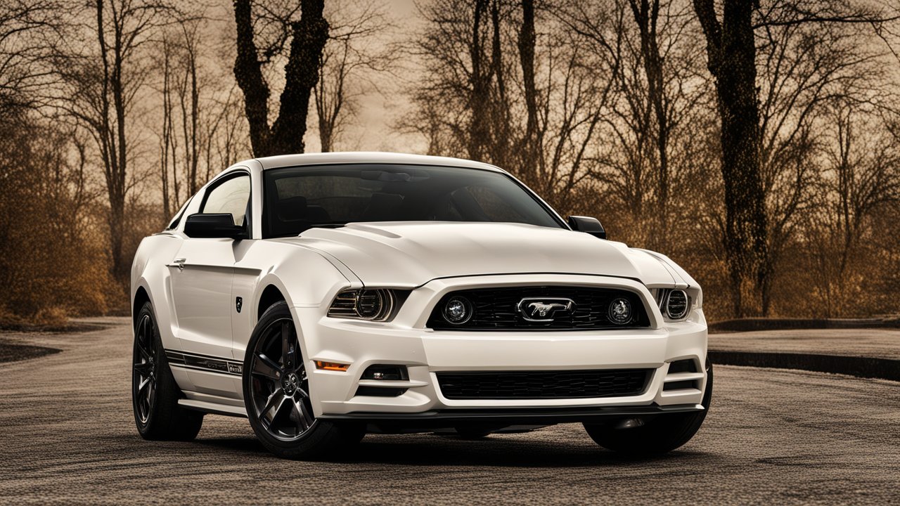 2014 White Ford Mustang on a Curved Road