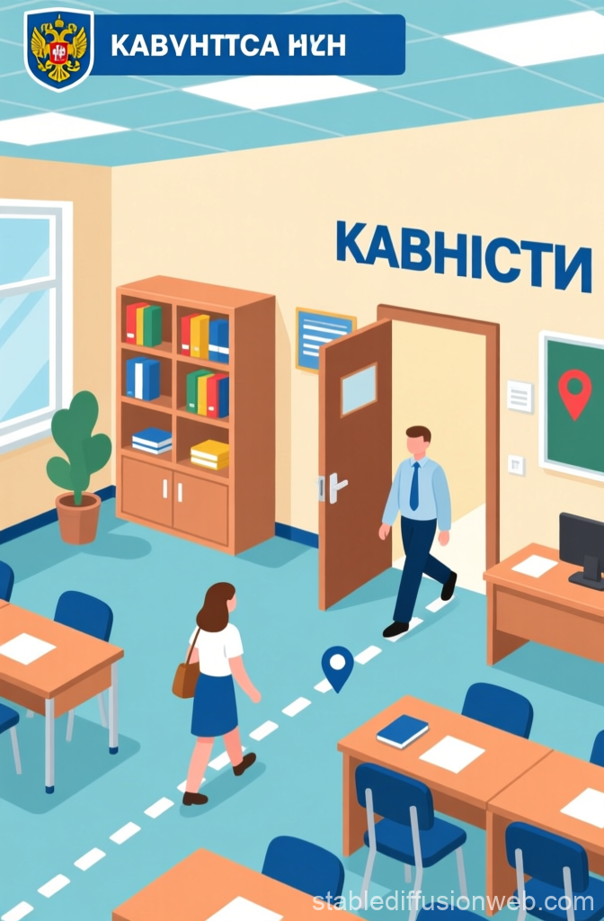 2D Illustration of University Office Exit with People