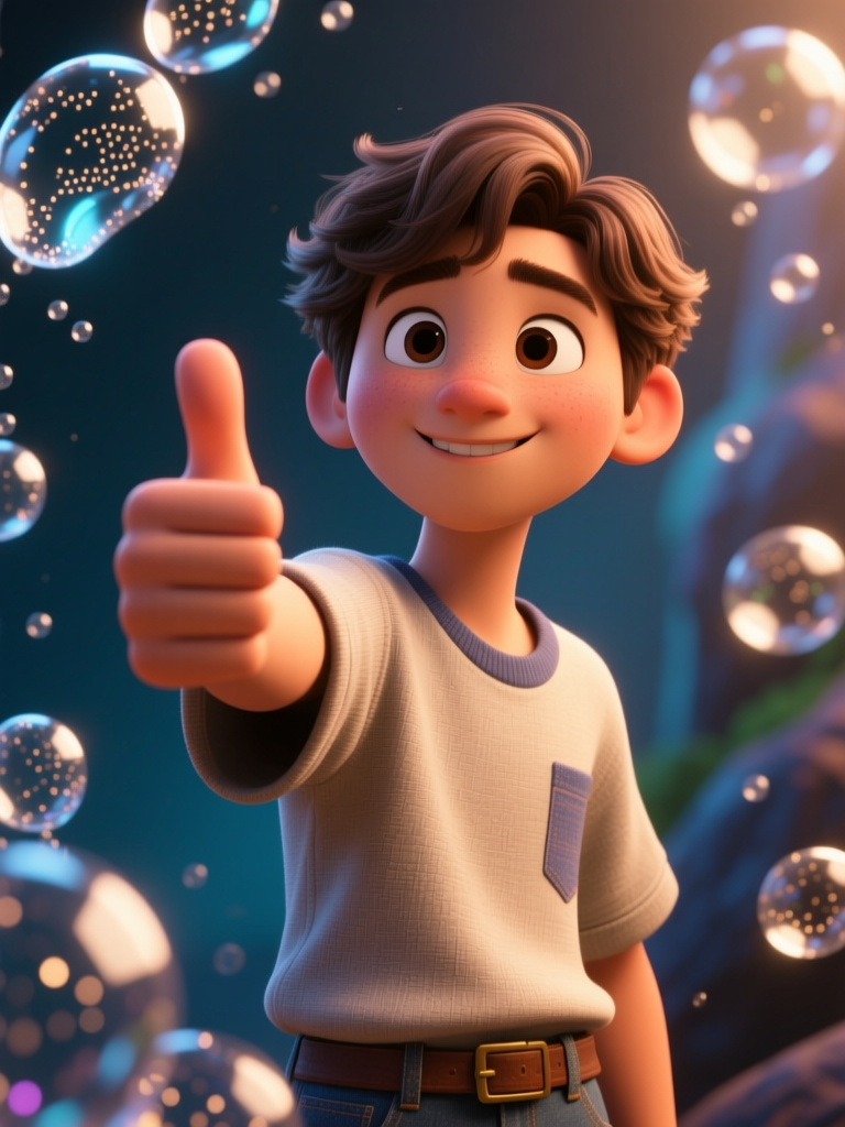3D Animated Boy Giving Thumbs Up with Floating Bubbles