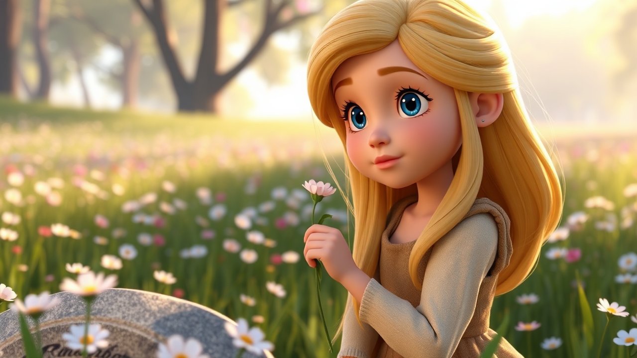 3D Animated Girl Holding Flower in a Sunny Meadow
