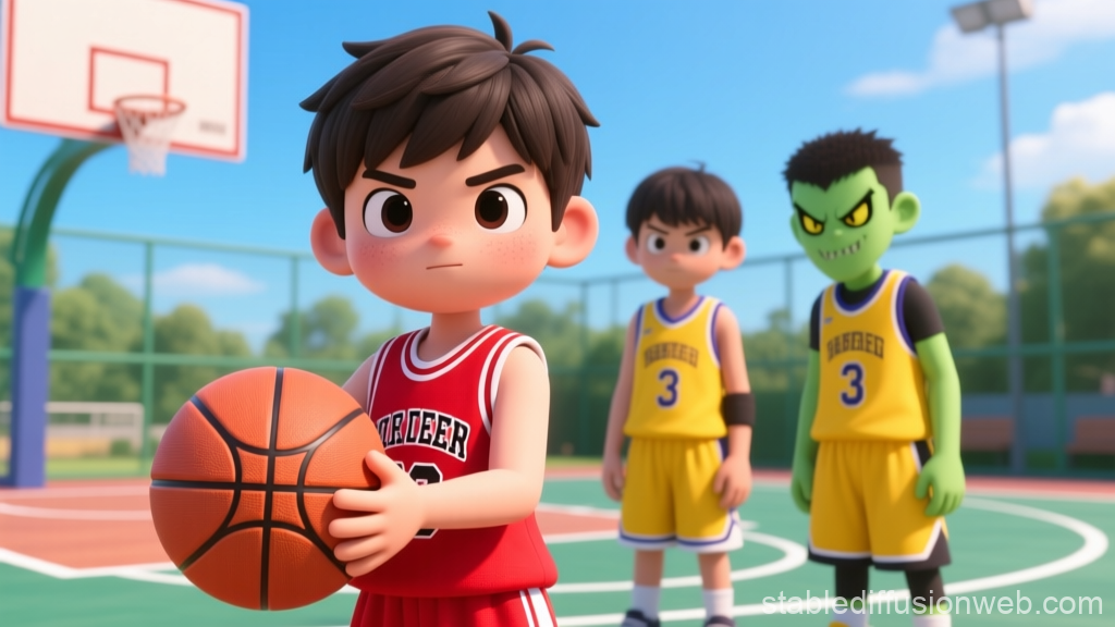 3D Animated Kids Playing Basketball on Outdoor Court