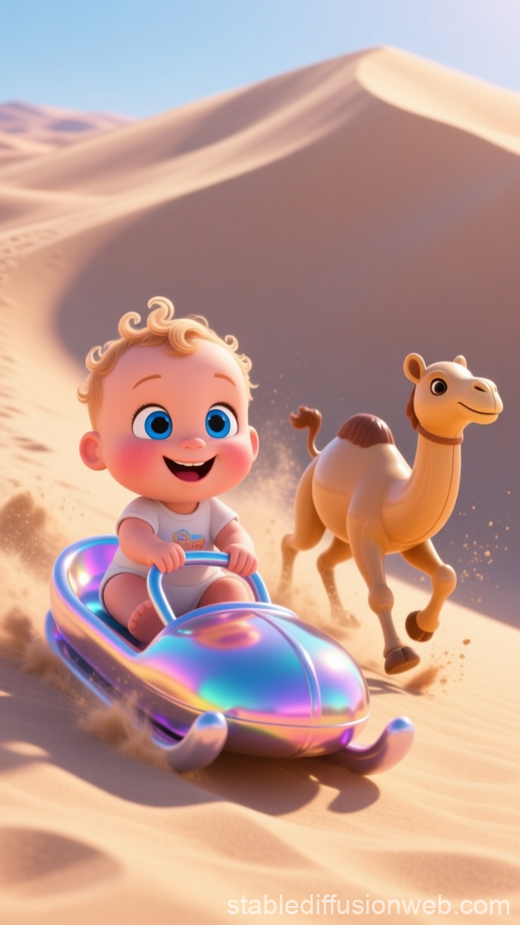 3D Baby Sledding Down Sand Dune with Playful Camel