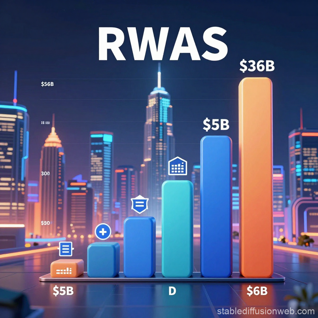 3D Bar Chart Showing RWAS Growth in a Futuristic Cityscape