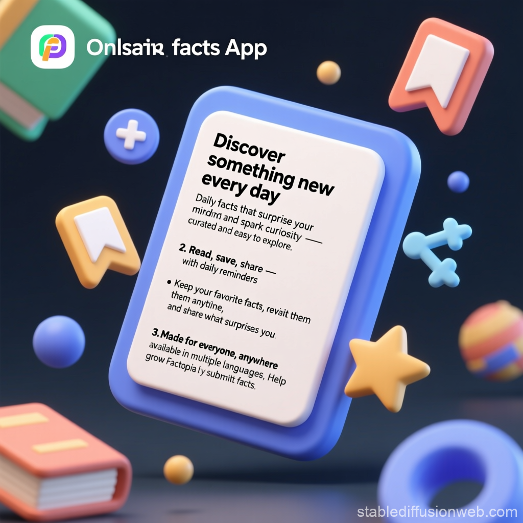 3D Card Design for Onlsair Facts App with Floating Icons