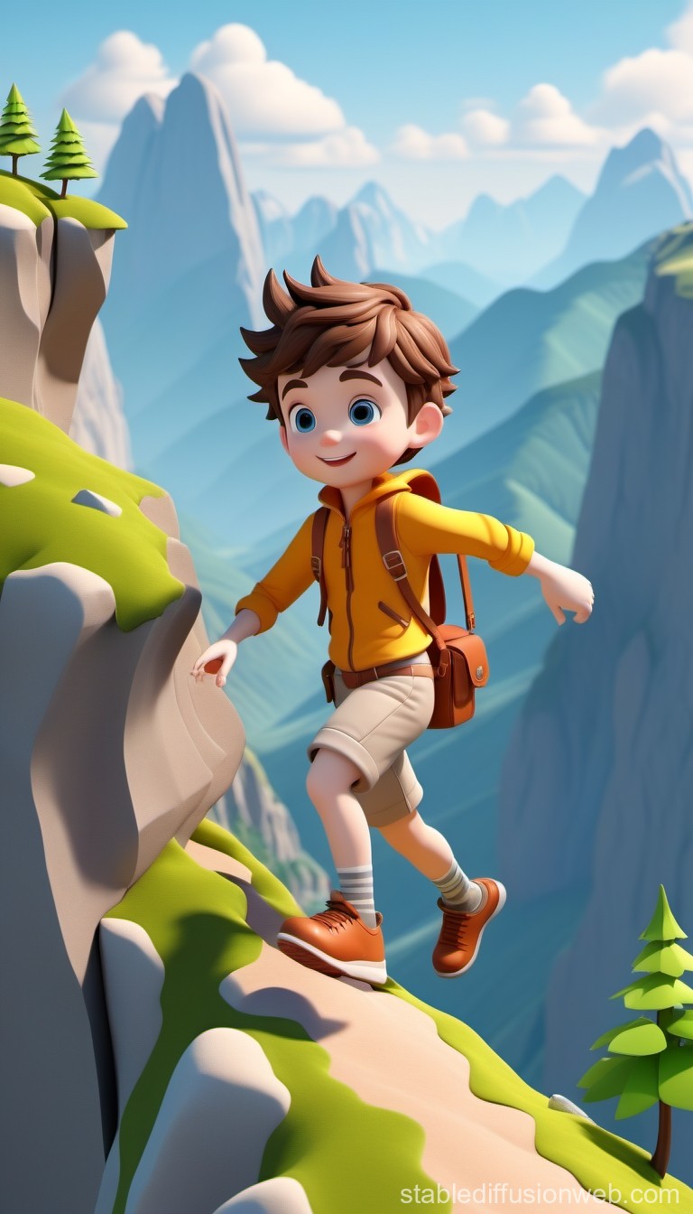 3D Cartoon Boy Hiking on Mountain Trail
