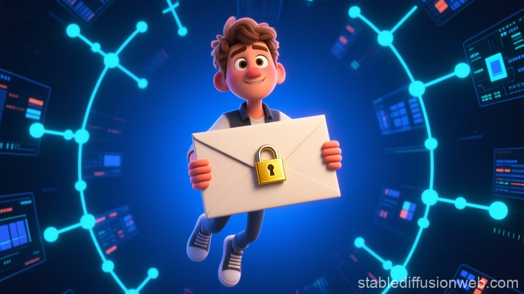 3D Cartoon Character Holding Locked Envelope in Digital Network