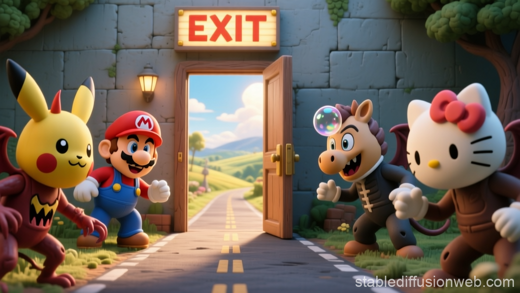3D Cartoon Characters in Costume Near Exit Door