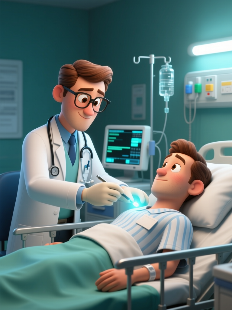 3D Cartoon Doctor Treating Patient in Hospital Room