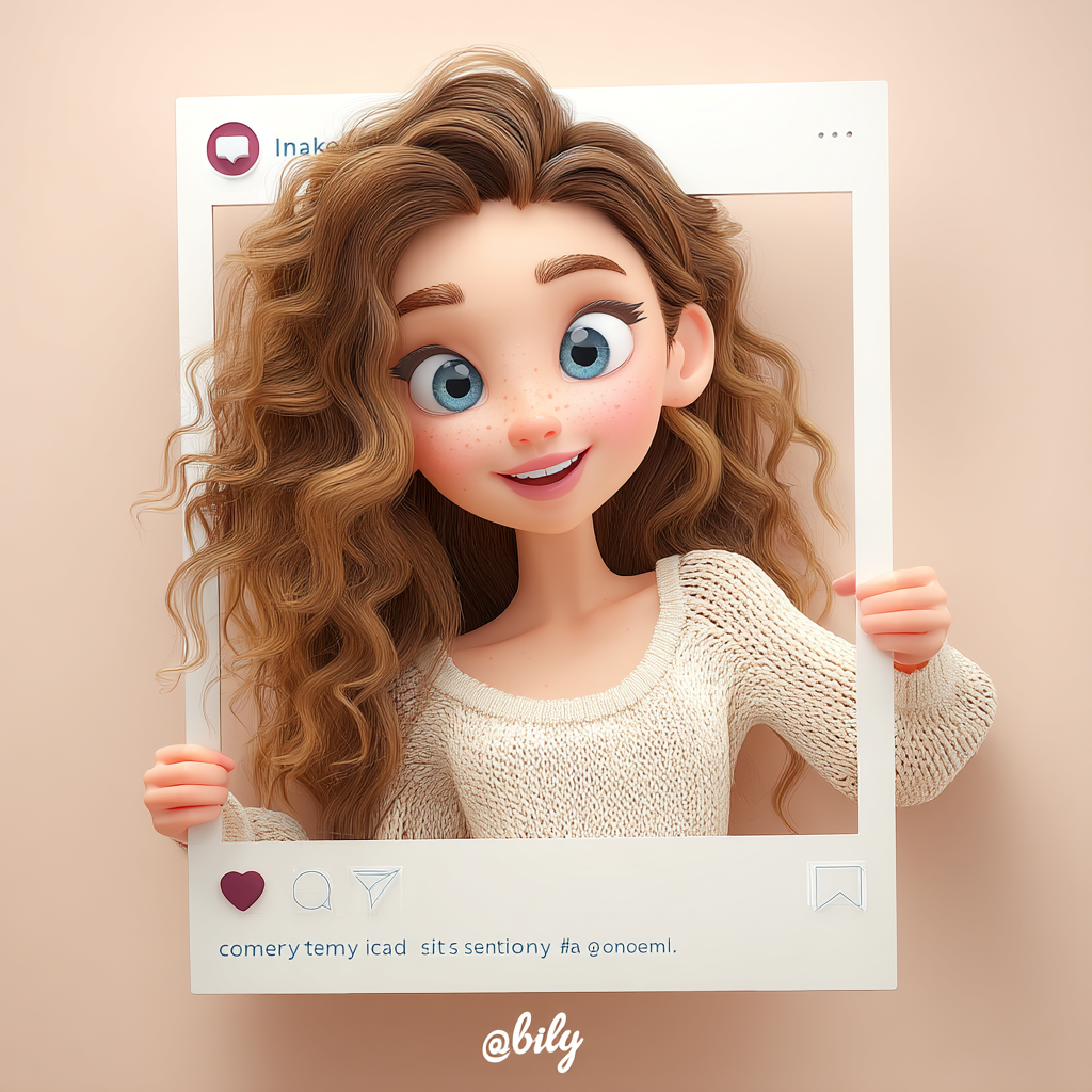 3D Cartoon Girl Holding Social Media Frame
