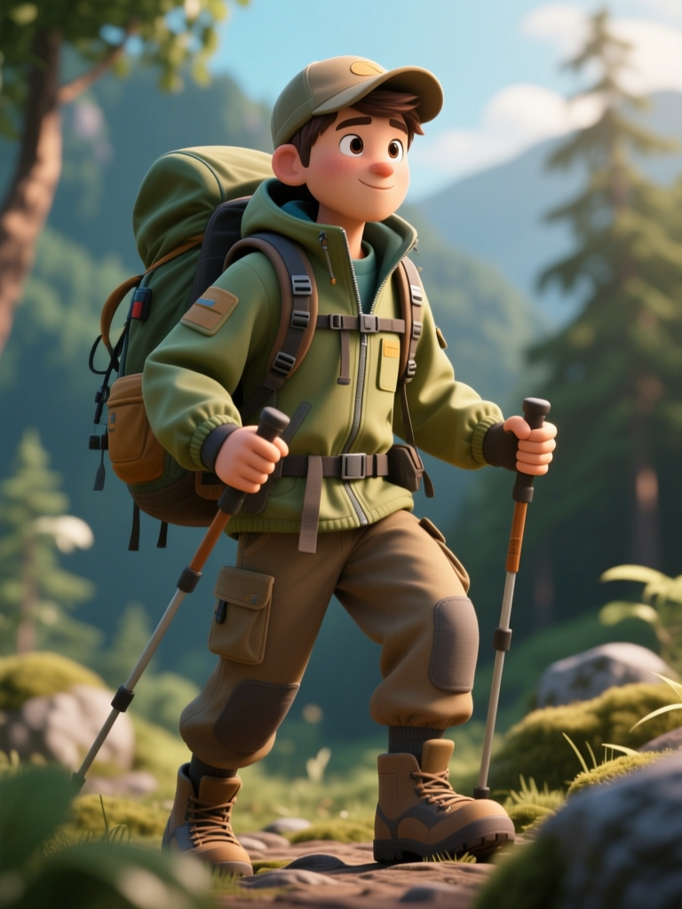 3D Cartoon Hiker in Green Outfit on Forest Trail