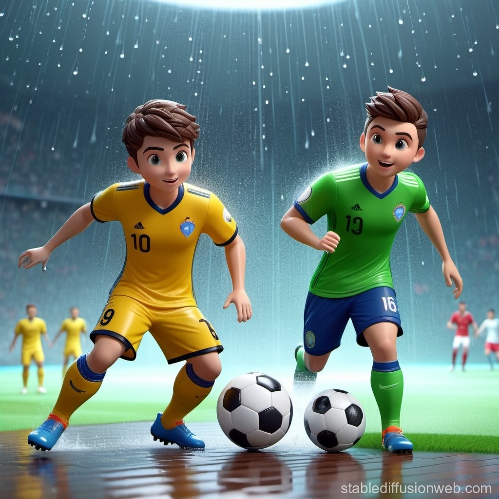 3D Cartoon Soccer Players Competing in Rainy Stadium