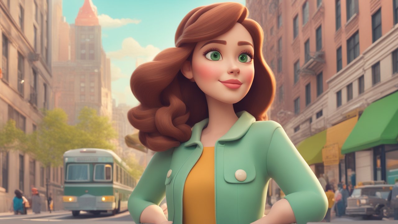 3D Cartoon Style Confident Woman in City Street