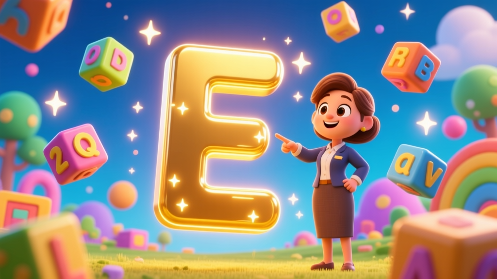 3D Cartoon Woman Pointing at Shiny Golden Letter E