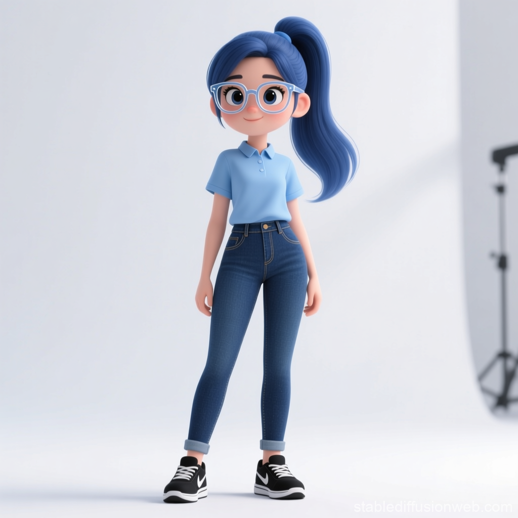 3D Cartoon Young Woman with Blue Hair and Glasses in Studio