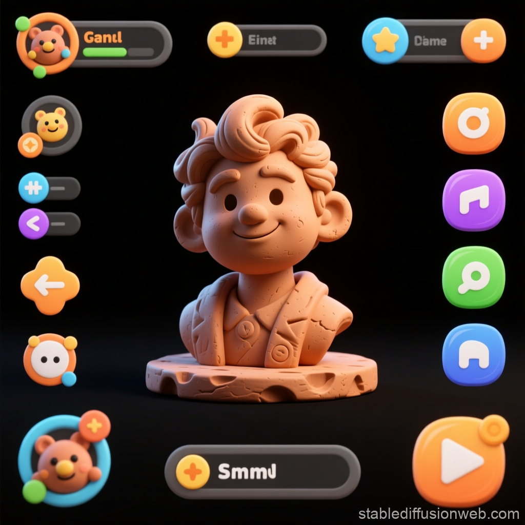 3D Clay Bust with Colorful Game UI Buttons