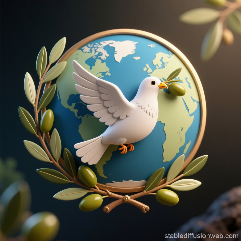 3D Dove of Peace with Olive Branch and Globe