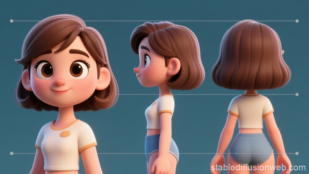3D Female Character Model Sheet with Front, Side, and Back Views
