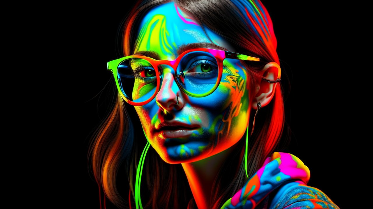 3D Fluorescent Graffiti Portrait of a Woman with Glasses