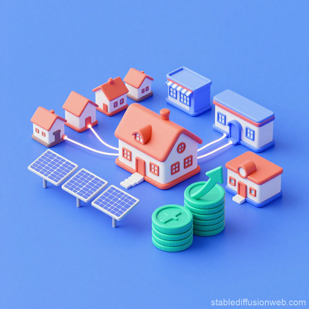 3D Isometric Illustration of Solar Energy Sharing in a Neighborhood