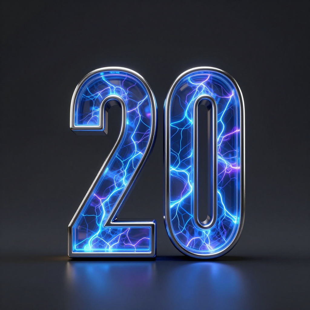 3D Number 20 with Electric Blue Lightning Effect