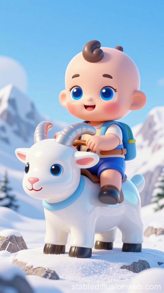 3D Pixar-Style Baby Explorer Riding a Cute Goat in Snowy Mountains