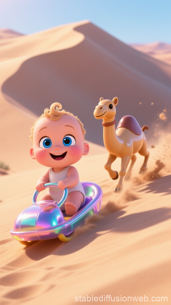 3D Pixar-Style Baby Riding a Toy Sled in the Desert