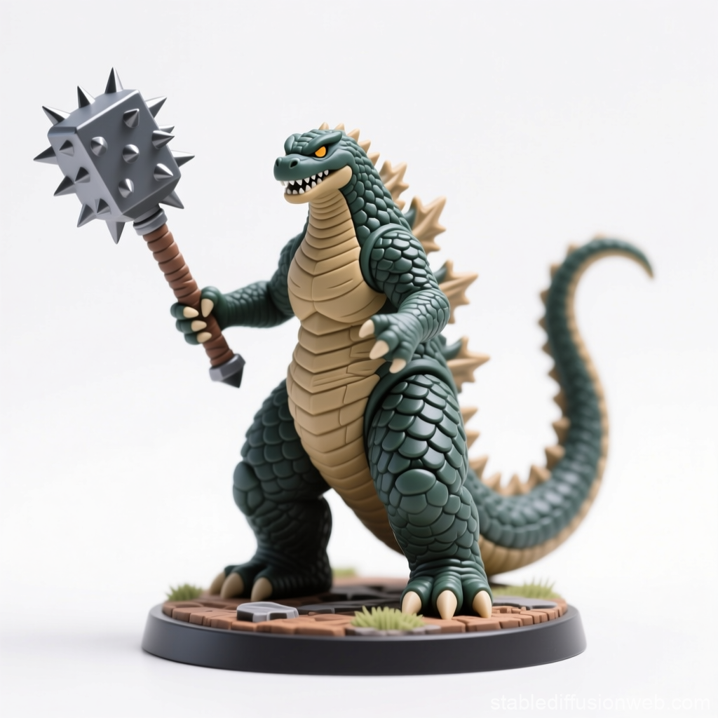 3D Printable Godzilla Miniature Holding Spiked Mace