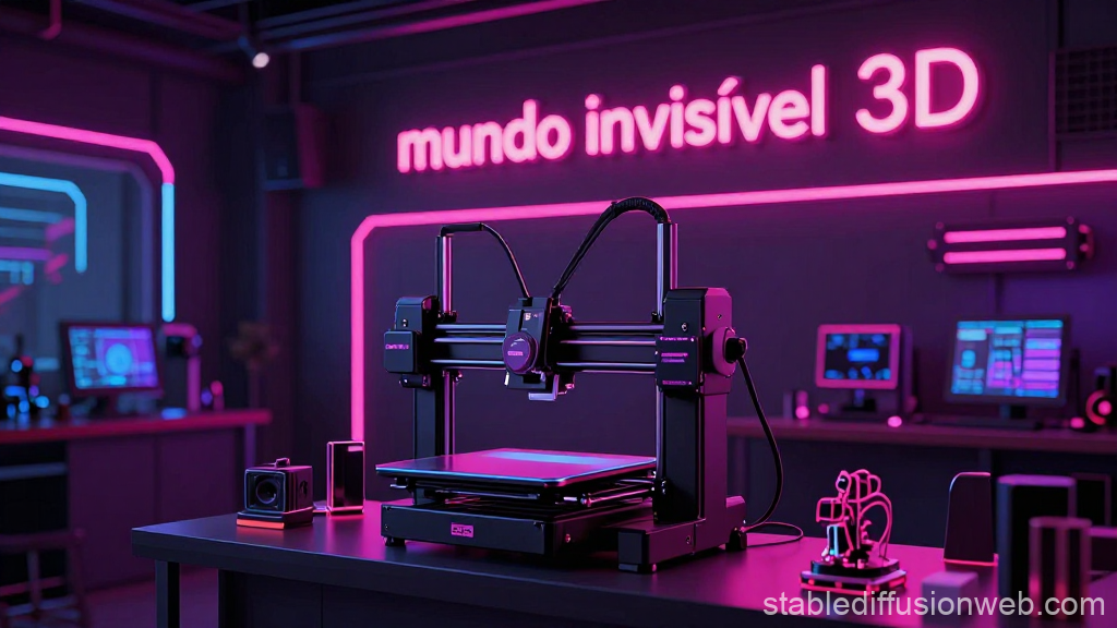 3D Printer in Neon-Lit Tech Lab with Mundo Invisivel Sign