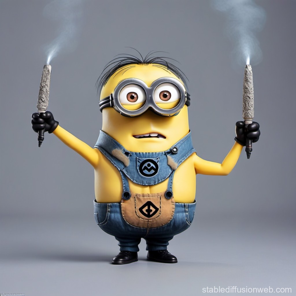 3D Render of a Minion Holding Two Smoking Torches