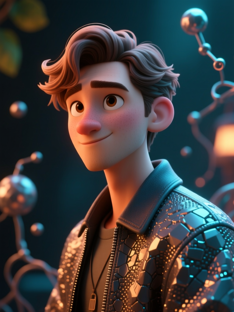 3D Render of a Smiling Young Man in Futuristic Jacket