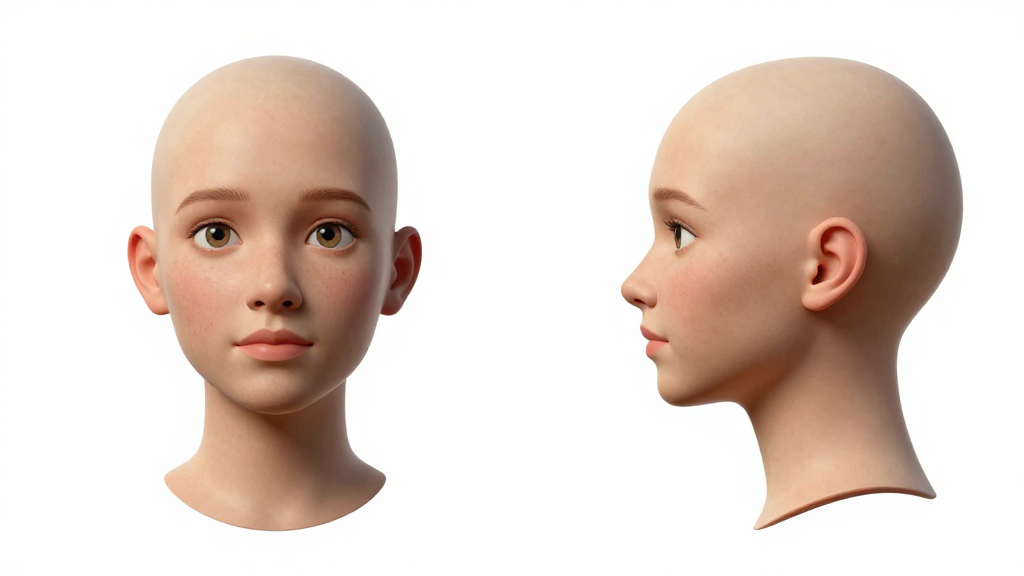 3D Render of Bald Female Character Head from Front and Side