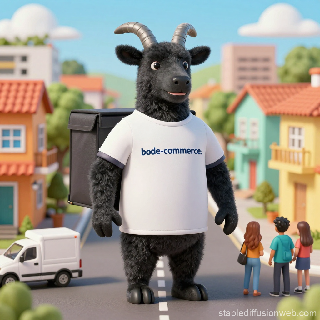 3D Render of Black Goat Delivery Mascot in Suburban Neighborhood