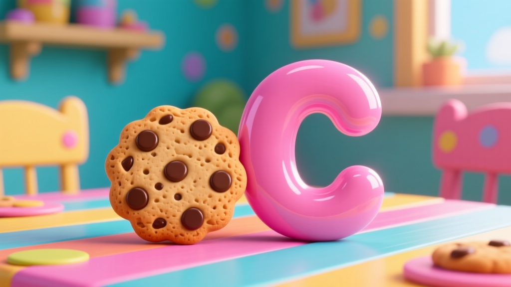3D Render of Chocolate Cookie and Pink Letter C on Colorful Table