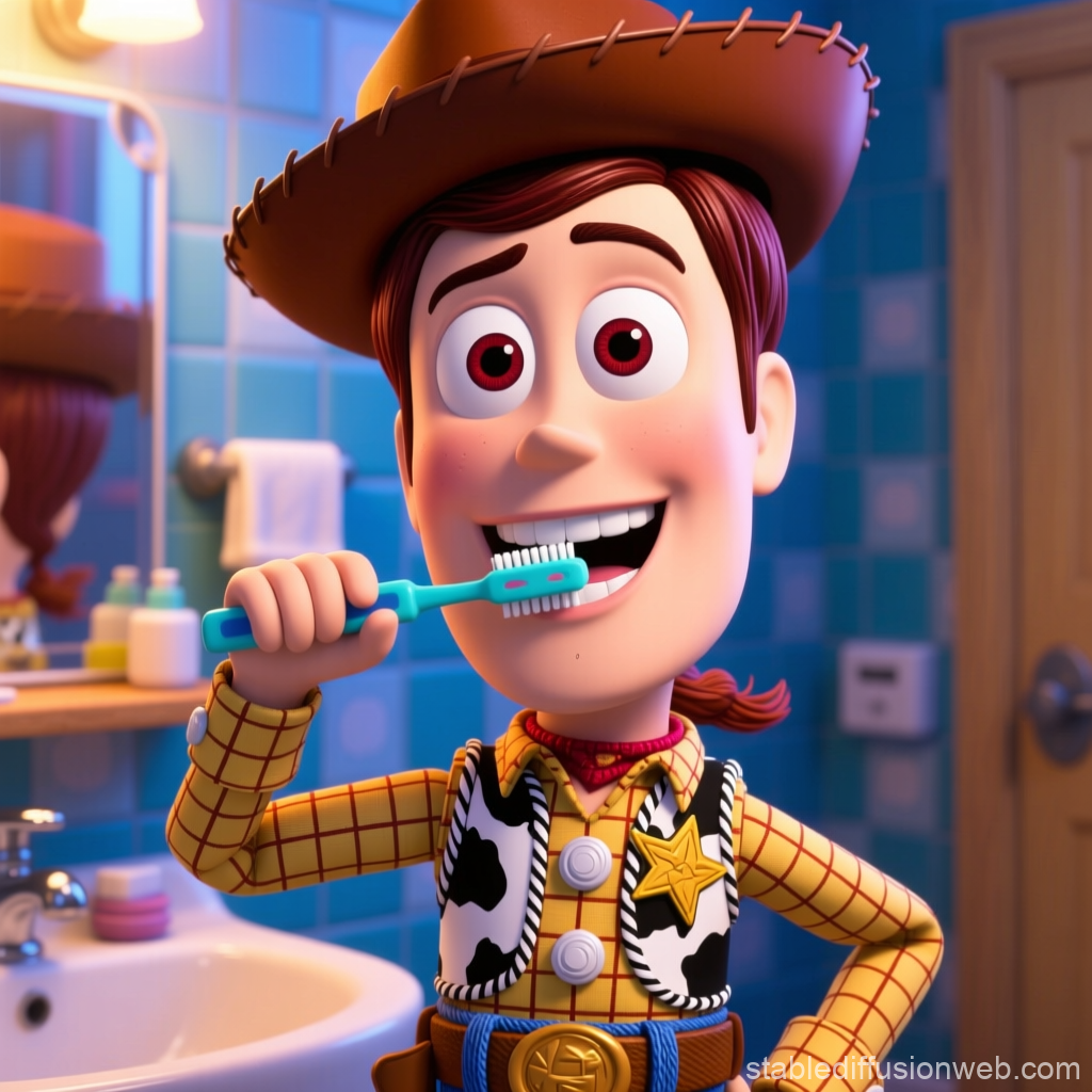 3D Render of Cowboy Character Brushing Teeth in Bathroom