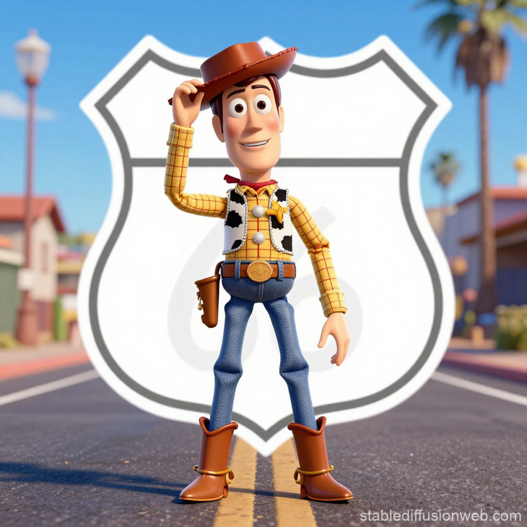 3D Render of Cowboy Character on Road with Route 66 Sign