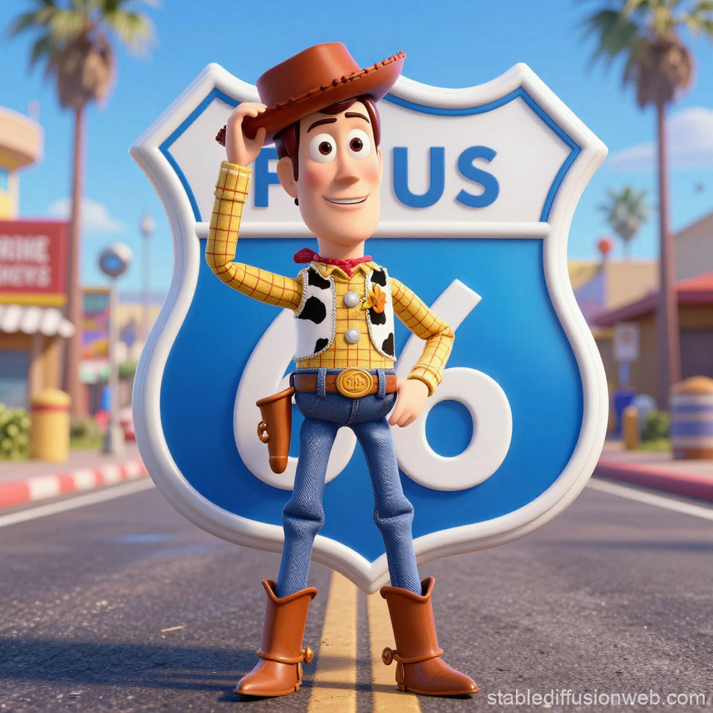 3D Render of Cowboy Character on Route 66 Sign