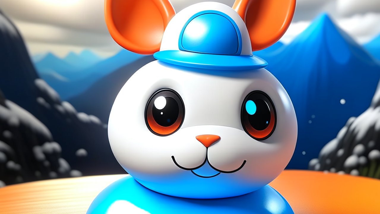 3D Render of Cute Cartoon Bunny with Blue Cap in Mountain Landscape