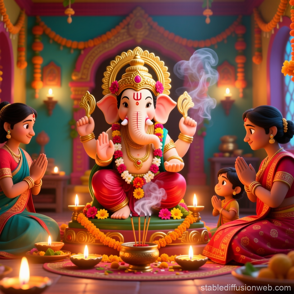 3D Render of Ganesh Pooja Ceremony with Family