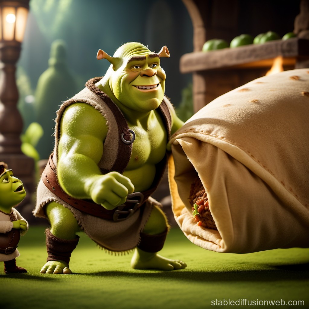 3D Render of Green Ogre with Giant Burrito in Cozy Setting