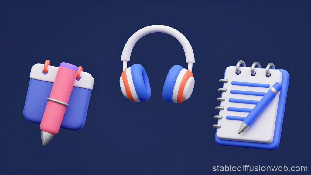 3D Render of Headphones and Writing Tools