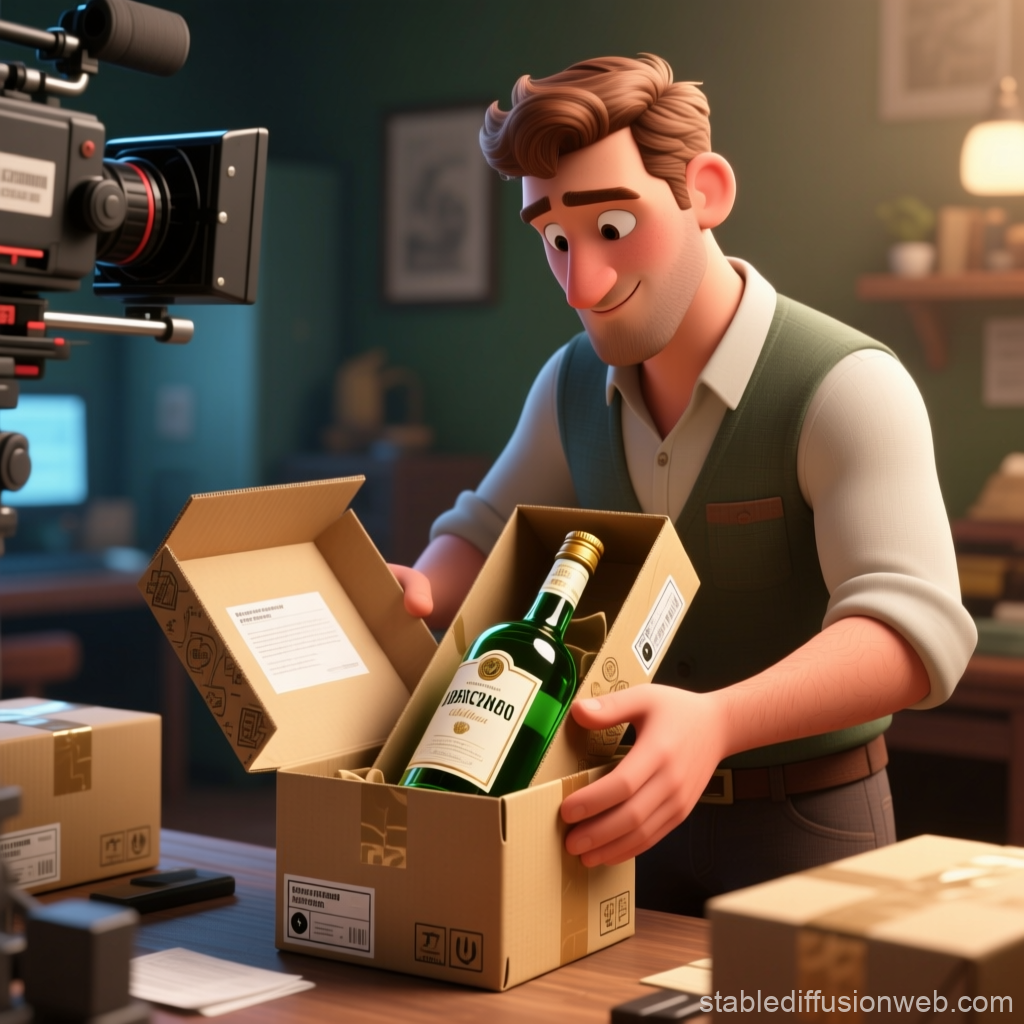3D Render of Man Unpacking Absinthe Bottle in Studio