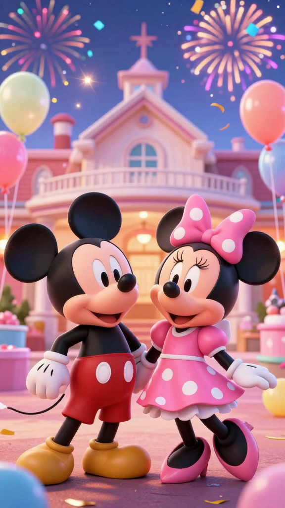 3D Render of Mickey and Minnie Mouse Celebrating with Fireworks