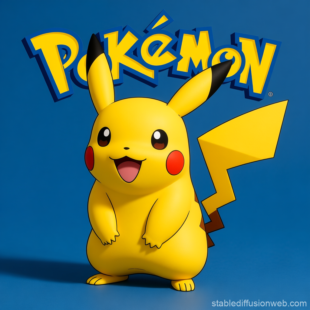 3D Render of Pikachu with Pokémon Logo on Blue Background